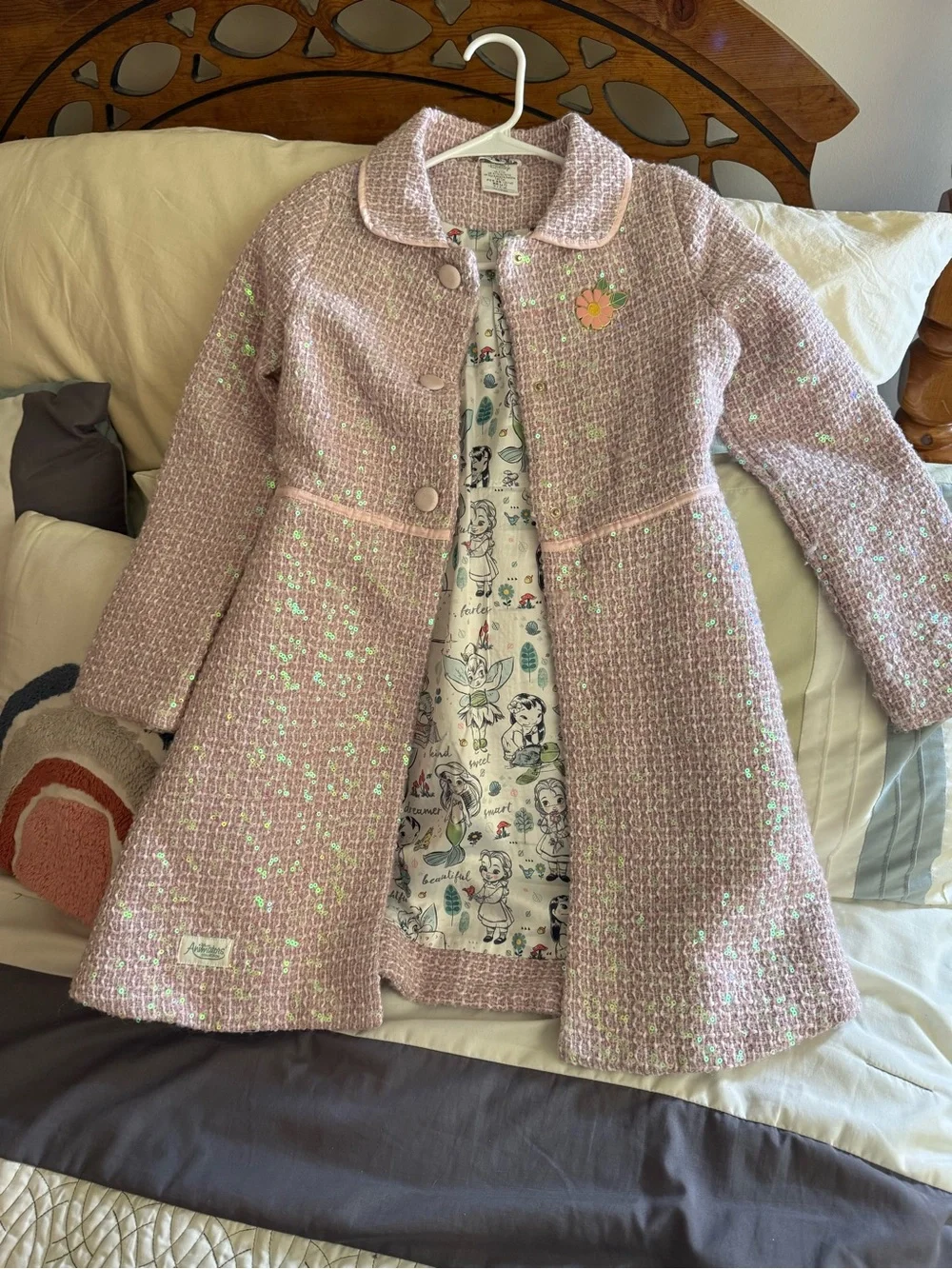 Disney Pink Tweed Girls' Pea Coat with Floral Pin